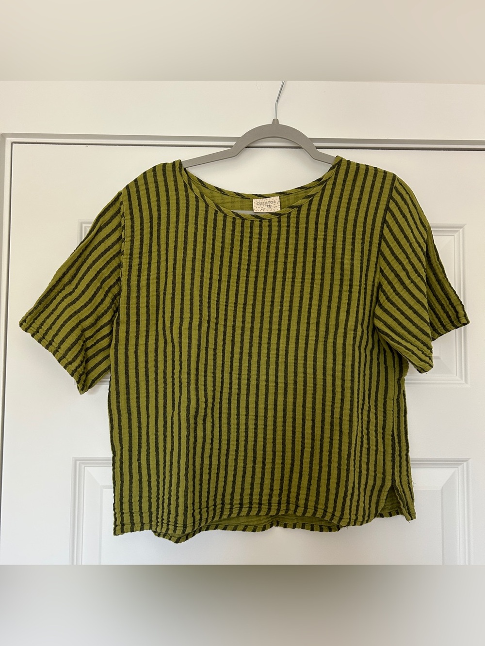 Curator SF 100% Cotton Hanna Top in Avocado and Black Stripe, XS